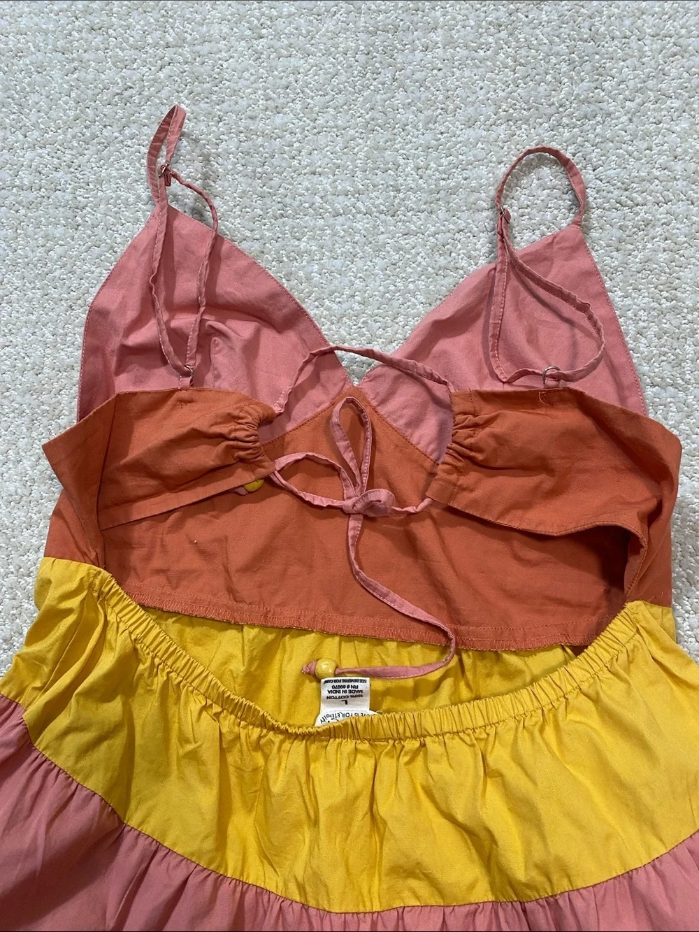 Tiered Colorblock Maxi Dress - Pink, Coral & Yellow Size L 100% Cotton